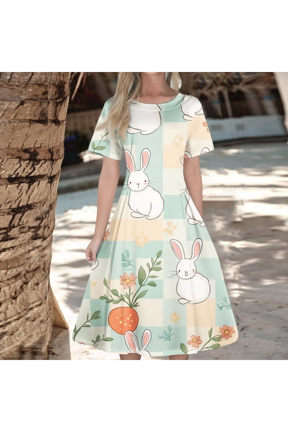 Women's Zipper Easter Dress, Round Neck Short Sleeve Waisted Floral Swing Midi Dress, Casual Church Outfit, Spring Garden Party Dress,Navy 3XL