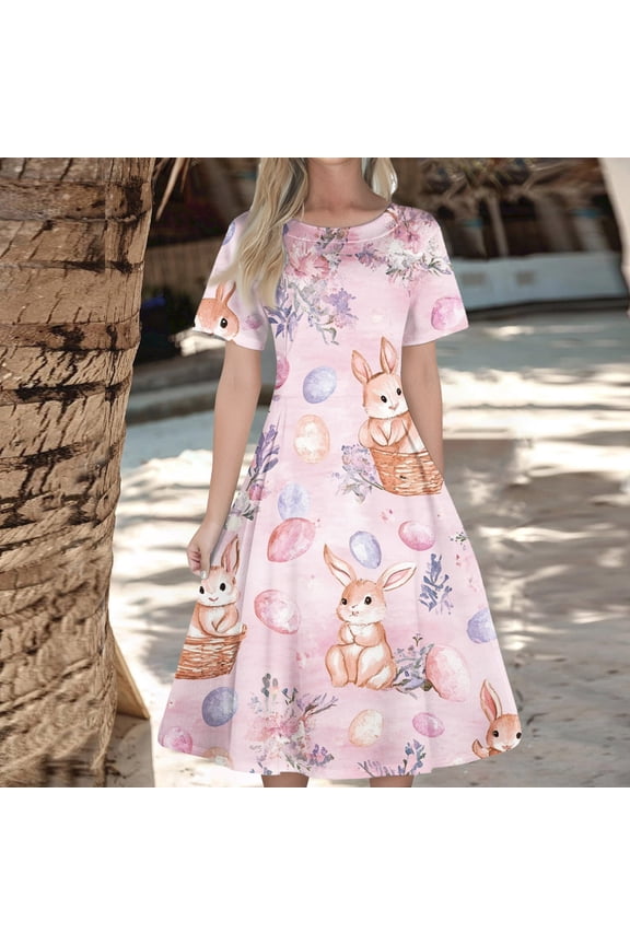 Women's Zipper Easter Dress, Round Neck Short Sleeve Waisted Floral Swing Midi Dress, Casual Church Outfit, Spring Garden Party Dress,Royal Blue 4XL