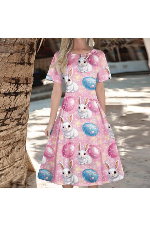 Women's Zipper Easter Dress, Round Neck Short Sleeve Waisted Floral Swing Midi Dress, Casual Church Outfit, Spring Garden Party Dress,Sky Blue 3XL