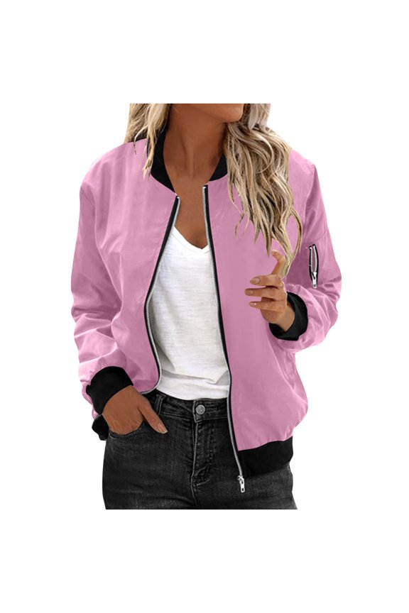 Womens Bomber Jacket Ribbed Zip Up Fall Lightweight Casual Baseball Style Coat with Pockets for Spring,Pink S