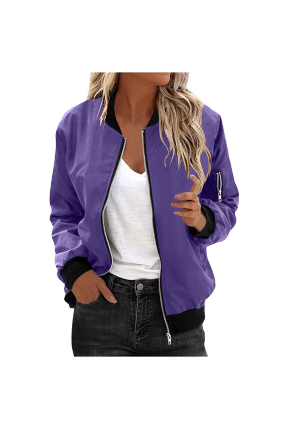 Womens Bomber Jacket Ribbed Zip Up Fall Lightweight Casual Baseball Style Coat with Pockets for Spring,Purple M