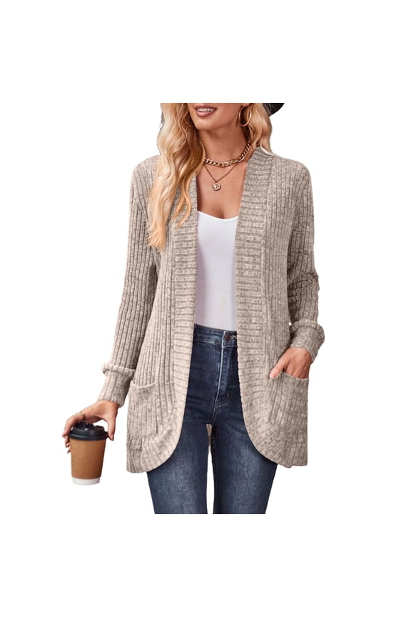 Womens Ribbed Knit Cardigan Brushed Patchwork Long Sleeve Button Front Casual Sweater for Fall,Khaki S