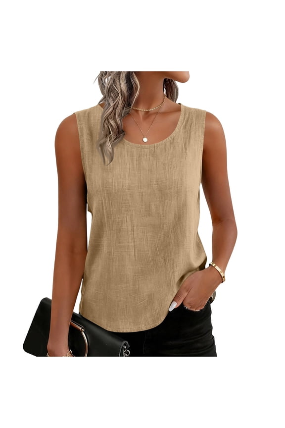 Womens Summer Tops - Bamboo Cotton Crew Neck Sleeveless Tank Relaxed Fit Textured Top - Basic Pullover Shirt for Daily Womens Tops,Camel M