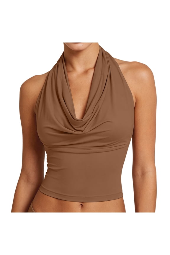 Womens Summer Tops - Fashionable Wind Pocket Collar Hanging Neck Vest Top - Casual Daily Summer Tops Women's Tops Tees Blouses,Light Brown M