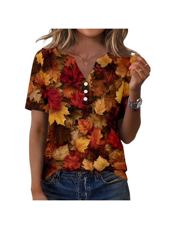 Womens T Shirts Casual V Neck Short Sleeve - Fall Leaves Print Button Detail, T Shirts for Women Seasonal Graphic Tee, Summer Tops for Women for Autumn,Brown M
