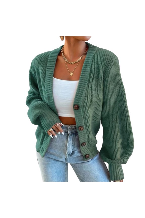 Womens V Neck Cardigan Single Breasted Button Front Knit Sweater for Fall Winter Cozy Casual Wear,Dark Green L