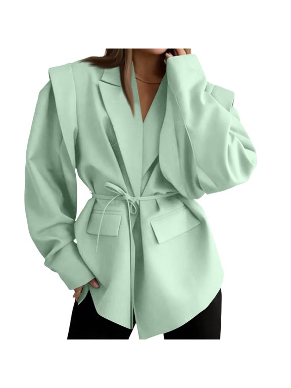 Womens V Neck Wrap Jacket Tie Waist Loose Fit Flattering Coat for Fall Casual Daily Wear,Green S