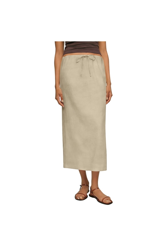 Womens Midi Skirt Casual Solid Color Side Split Cotton Linen Skirt, Breathable Summer Long Skirt,Khaki 2XL