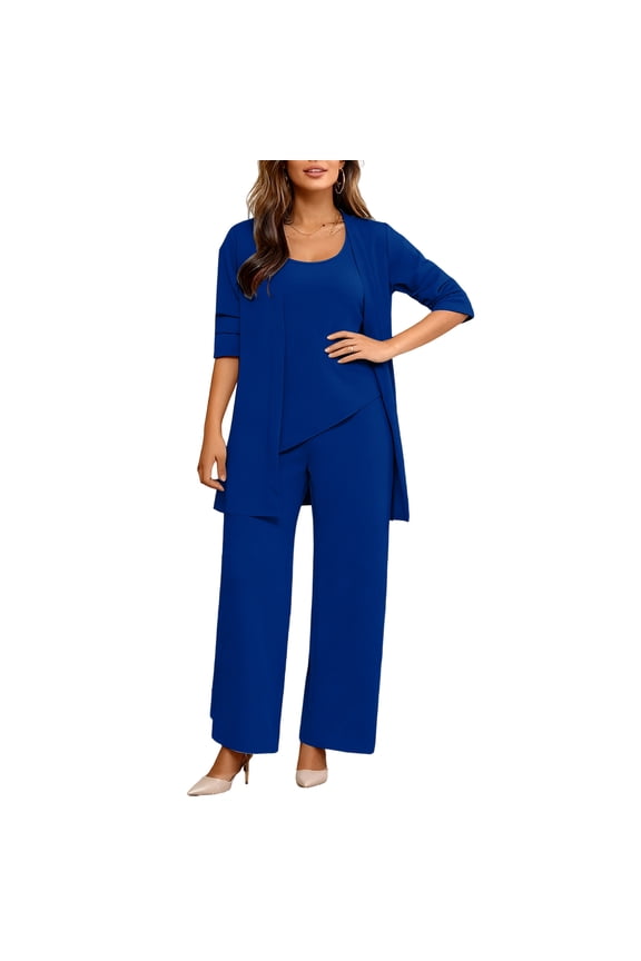 Womens Summer Tops Long Sleeve Long Pants Base Layer Three Piece Set, Casual Solid Color Outfit Lounge Blouse Tee Matching Set,Royal Blue 5XL