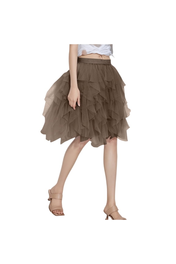 Womens Tulle Skirt Puff Knee Length Skirt, Solid Color Casual Elastic High Waist Tutu Skirt for Women,Coffee One Size