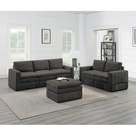 Mink Fabric Plush Cushion Couch 6pc Modular Sofa Set 4x Corner Wedge 1x Armless Chair 1x Ottoman Living Room Furniture