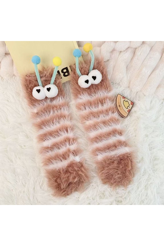 Mink Fleece Warm Plush 3D Eye Socks Brown Average size YIWEI