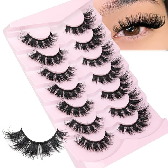 Mink Lashes Natural Look Silk False Eyelashes Fluffy Cat Eye 6D Wispy Faux Mink Lashes Flat Soft Strips 15MM Fake Lashes 7 Pairs Pack