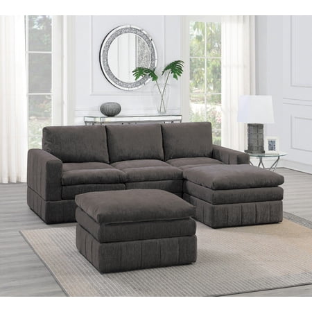 Mink Morgan Fabric Plush Cushion Couch 5pc Modular Sectional Set 2x Corner Wedge 1x Armless Chair 2x Ottomans Living Room