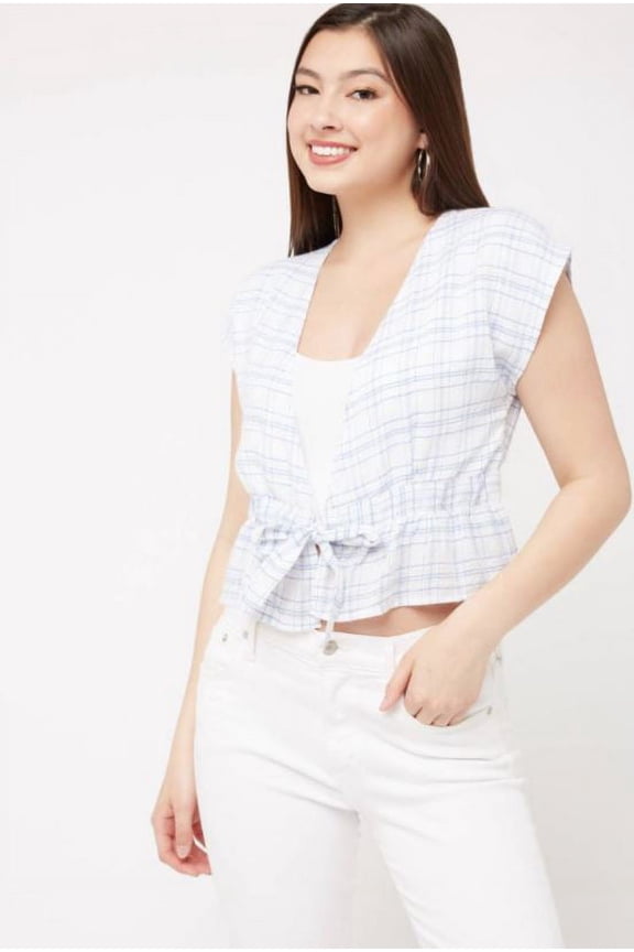 Mink Pink BLUE/WHITE PLAID Linen Tie Front Crop Top, US X-Small