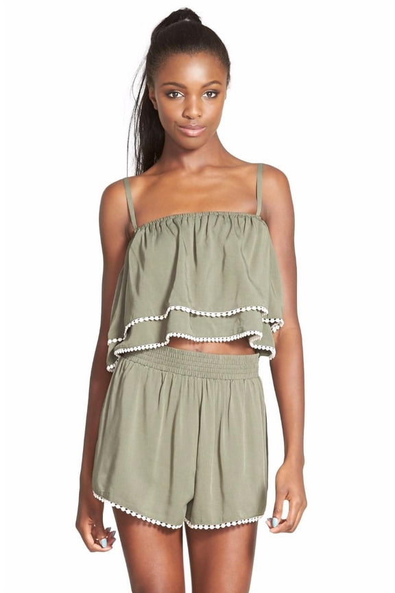 Get Lost Ruffle Crop Top Khaki,M