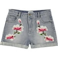 thumbnail image 1 of MinkPink Womens Floral Patched Casual Denim Shorts, Blue, Medium, 1 of 2