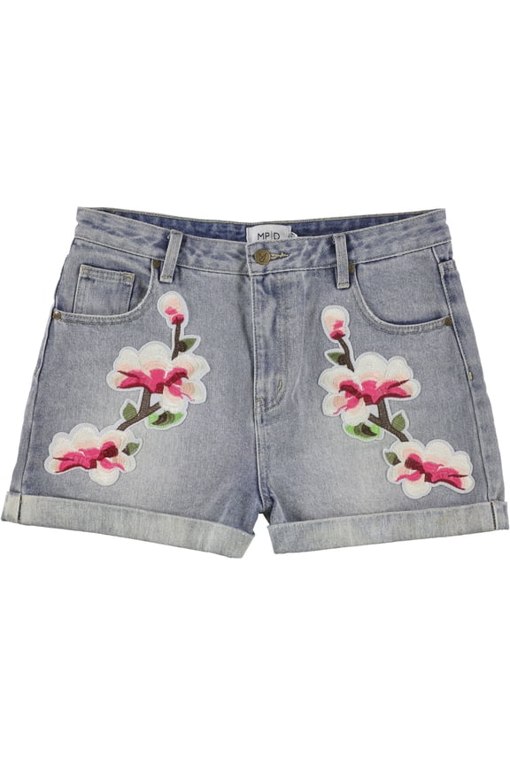 Womens Floral Patched Casual Denim Shorts, Blue, Medium