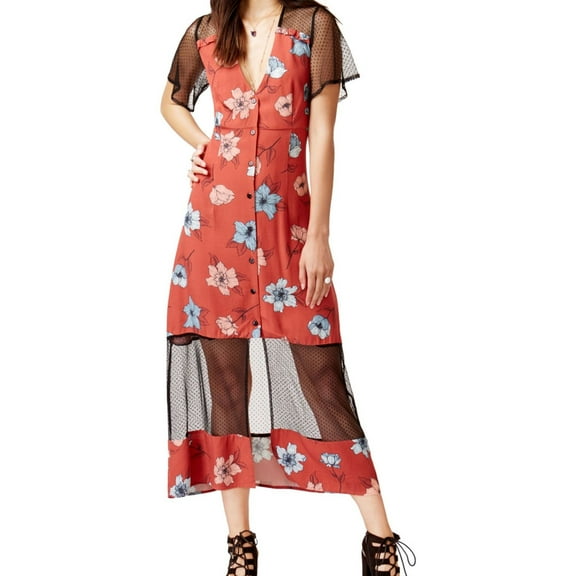 MinkPink Womens Mesh-Inset Maxi Dress, Red, X-Small