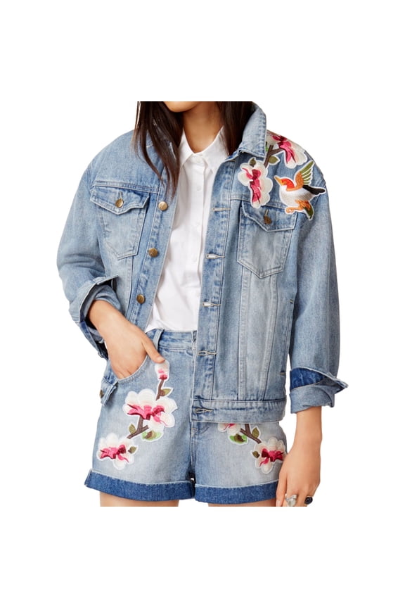 Womens Patched Denim Jacket, Blue, Small