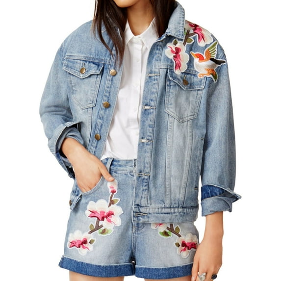 MinkPink Womens Patched Denim Jacket, Blue, Small