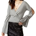 thumbnail image 1 of MinkPink Womens Surplice Wrap Knit Sweater, Grey, X-Small, 1 of 1