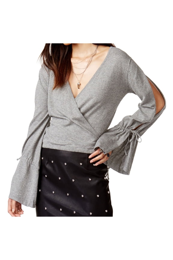 Womens Surplice Wrap Knit Sweater, Grey, X-Small
