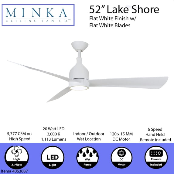 Minka Ceiling Fan Co. Lake Shore 52-in White LED Indoor/Outdoor Ceiling Fan with Light and Remote (3-Blade) 84055