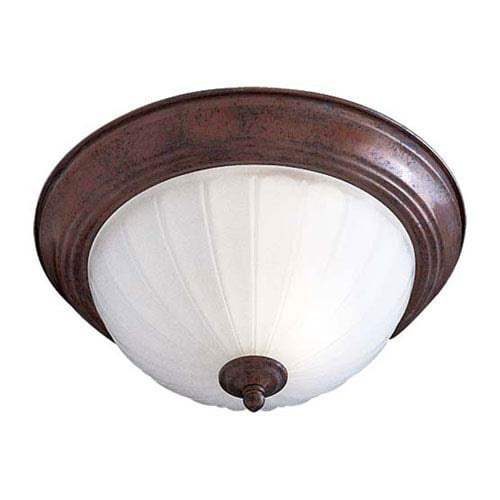 Antique Bronze Energy Star Two-Light Flush Mount with Etched Melon Glass