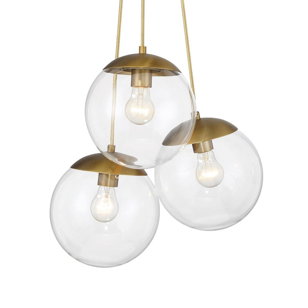Soft Brass and Clear Glass 3-Light Globe Pendant