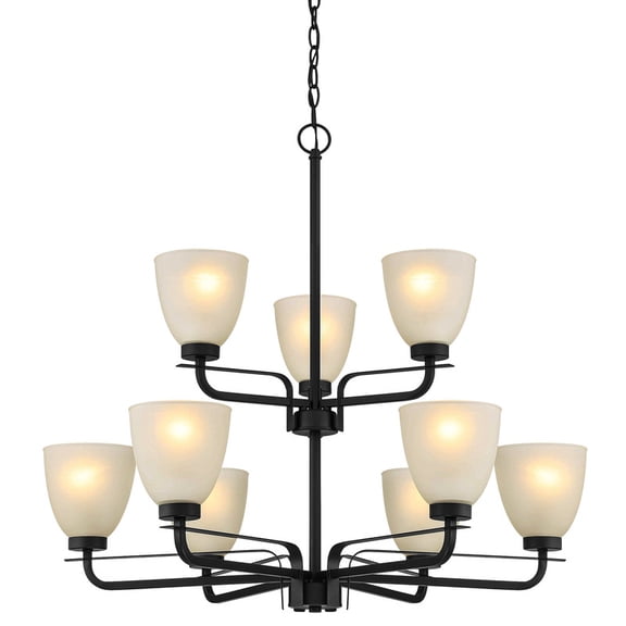 Minka Lavery Kaitlen 9-Light Chandelier, Coal Black Finish, White Etched Glass Shades, 2-Tier Traditional Ceiling Light Fixture, Dimmable, Sloped Ceiling Compatible, Dining Room Entryway Lighting