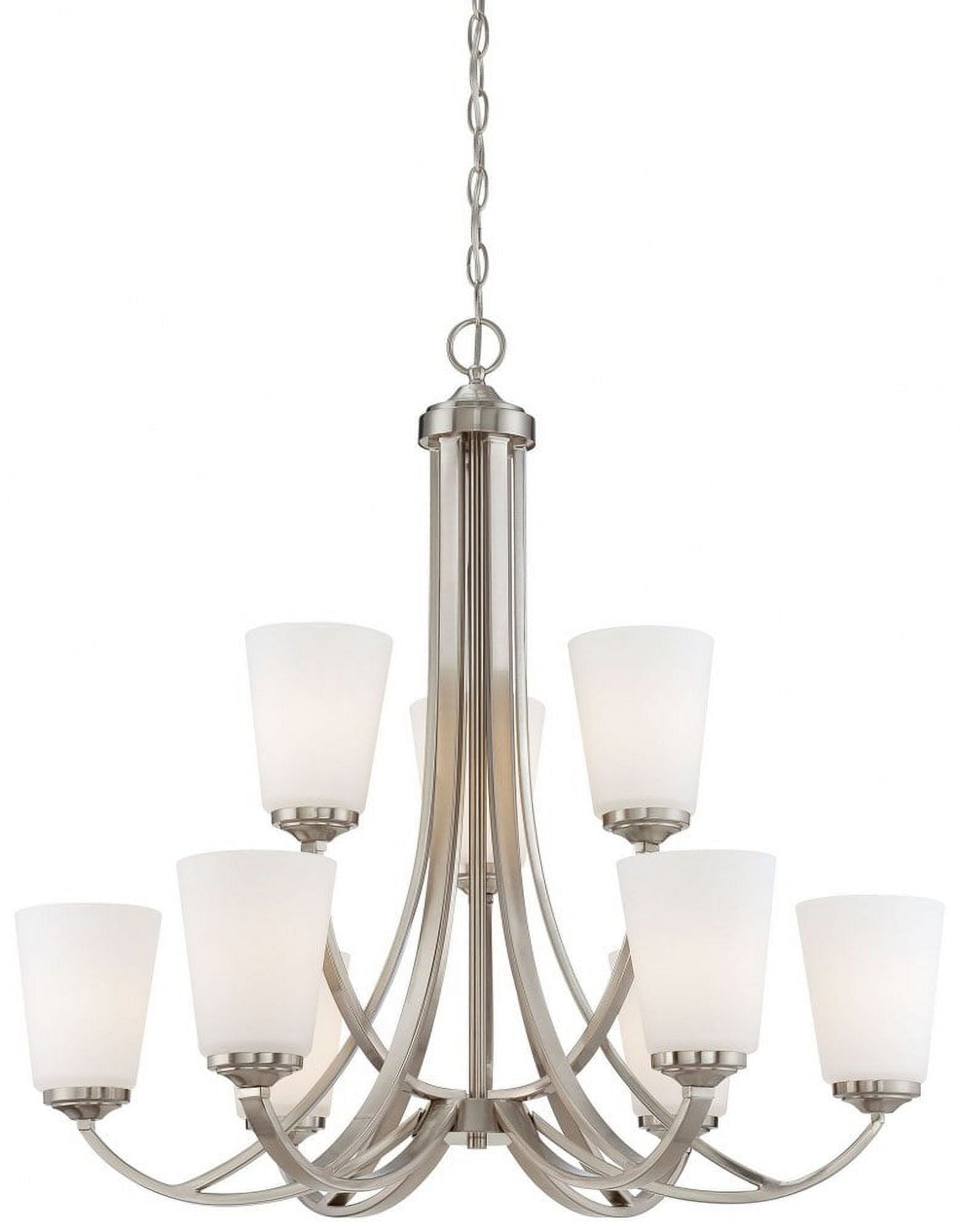 Brushed Nickel 9-Light Chandelier with Etched White Glass Shades