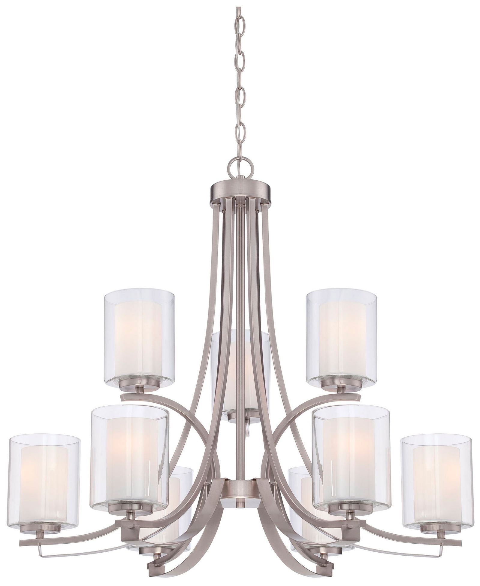 Brushed Nickel 9-Light Chandelier with Clear & Etched White Glass