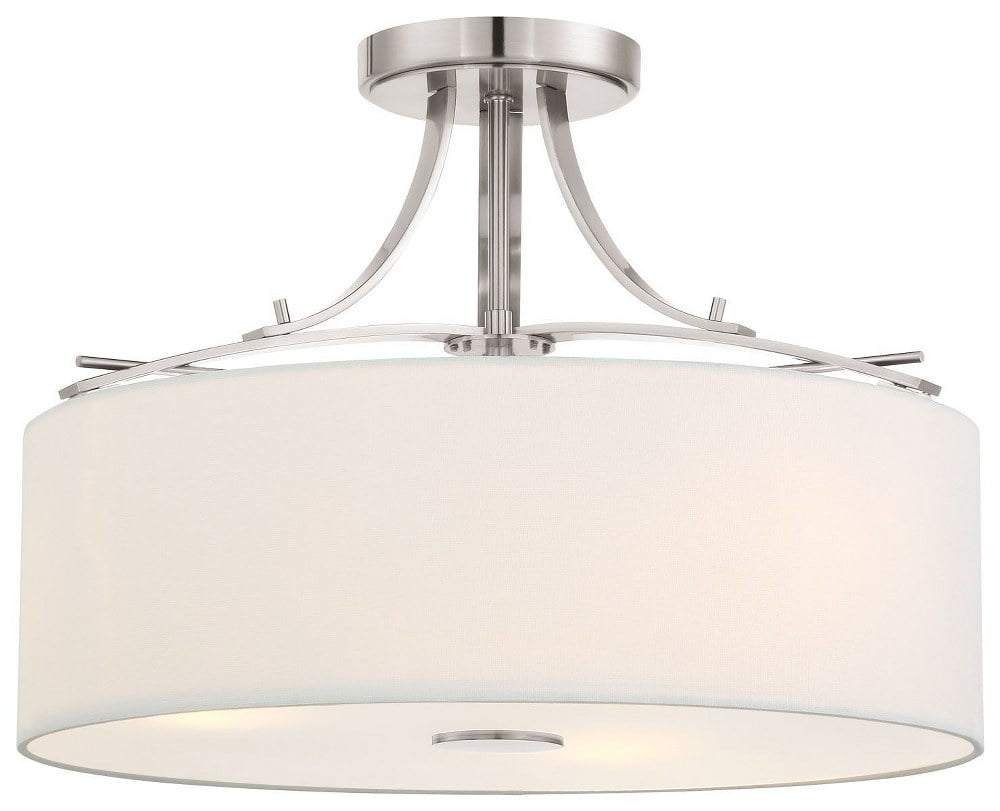 Transitional Brushed Nickel 3-Light Semi-Flush Mount with White Linen Shade