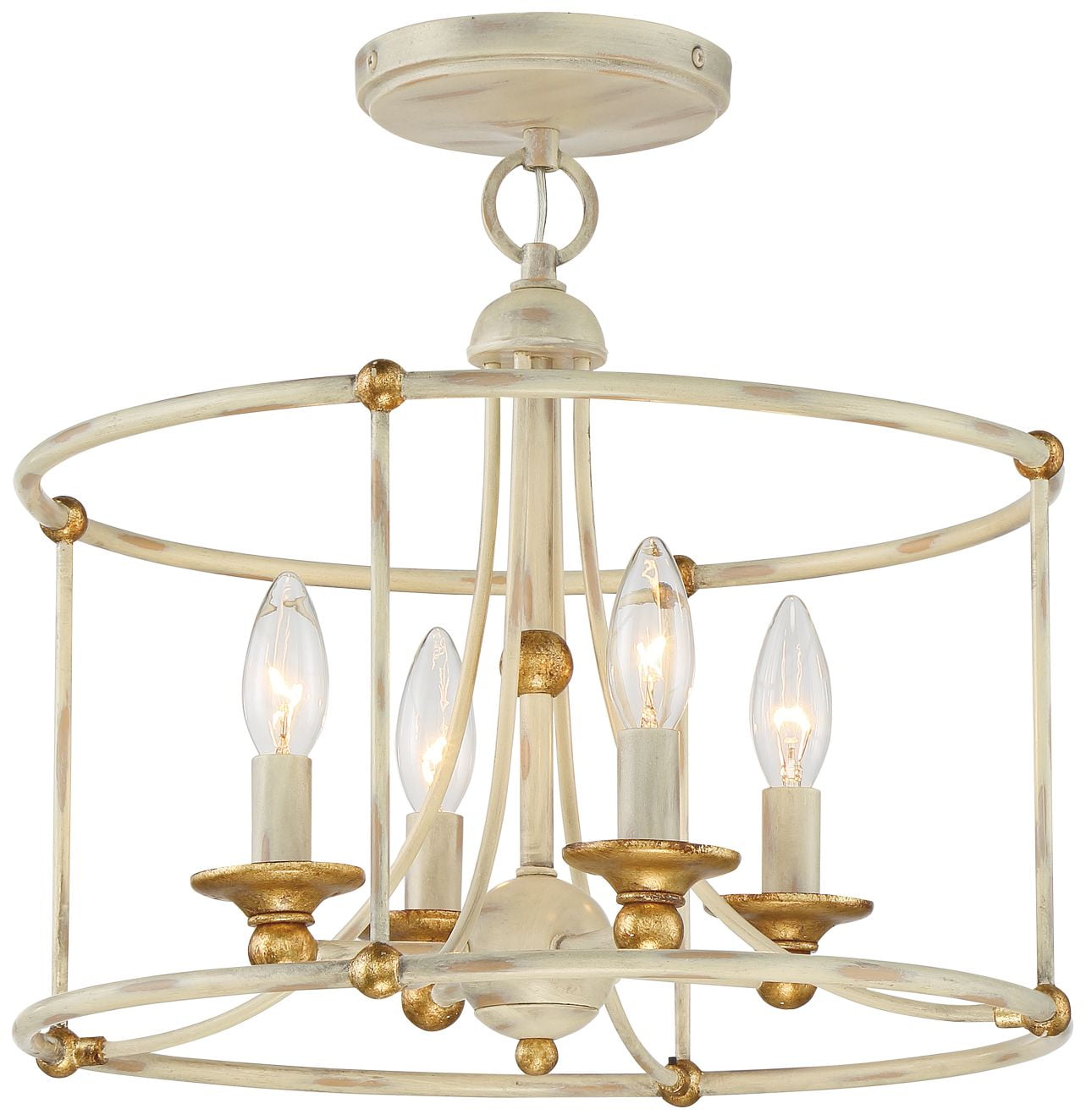 Farmhouse White and Gold 4-Light Glass Drum Ceiling Fixture