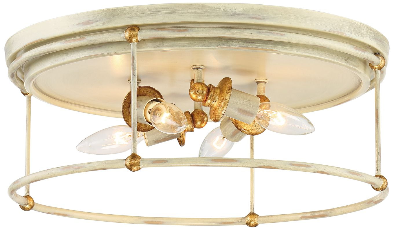 Farmhouse White and Gold Leaf 16.5" Drum LED Flush Mount Light
