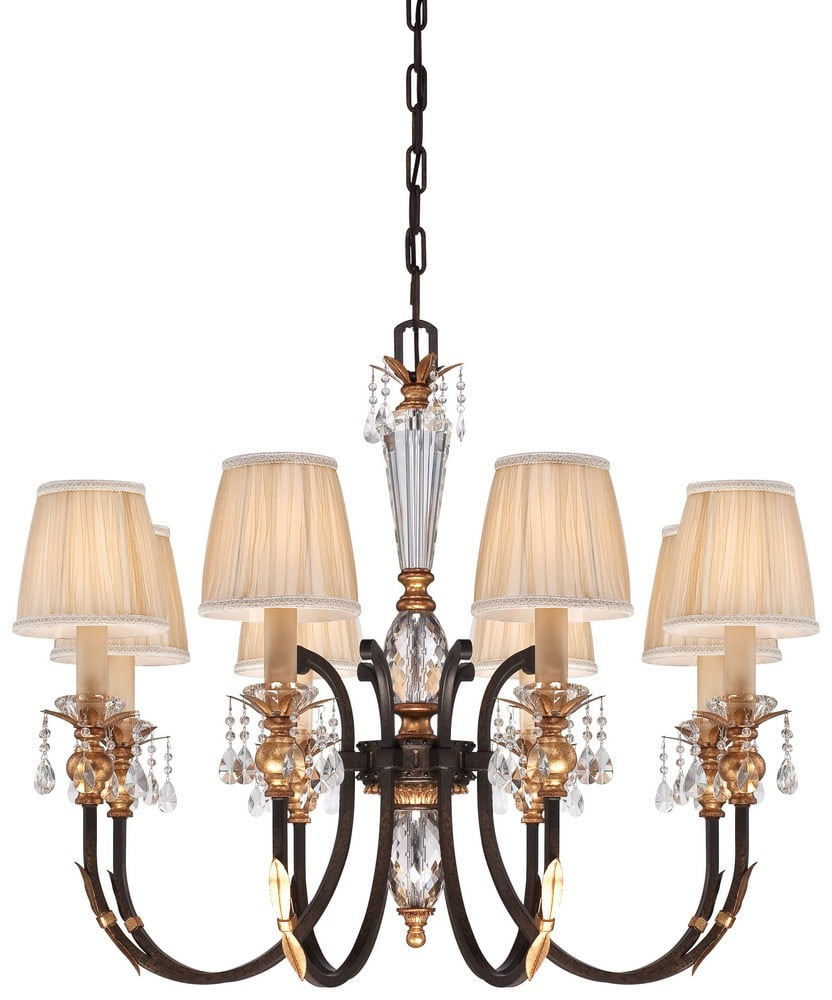 French Bronze and Gold 8-Light Crystal Chandelier with Fabric Shades