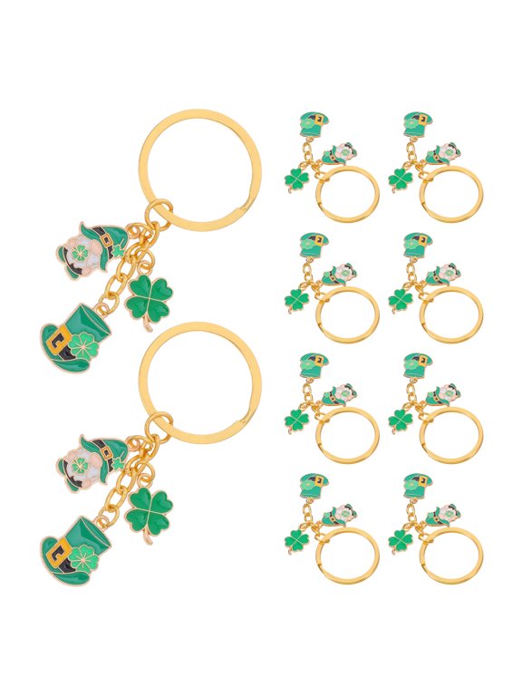 10 Pcs St. Patrick's Day Four Leaf Keychains, Shiny Zinc Alloy Irish Party Favors, , Decor