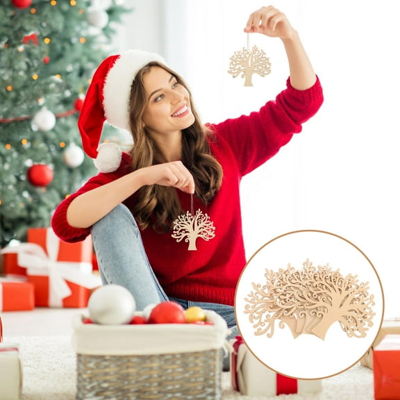 Minkissy 30Pcs Wooden Tree Cutout Ornament Unfinished Wooden Chips For Christmas Diy Craft 5.1X4.7X0.1In