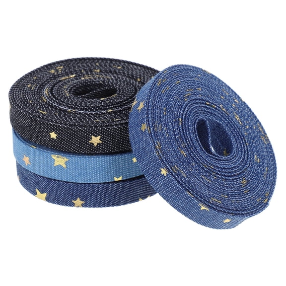 Minkissy Denim Fabric Ribbon with Plated Gold Foil Star Design for Crafts and Sewing Projects