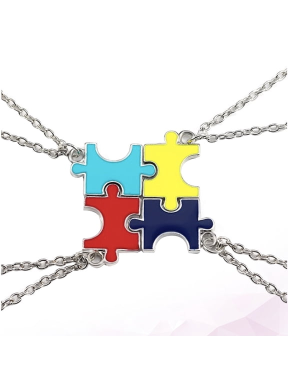 4-Piece Alloy Friendship Necklace Set with Unique Puzzle Pendant Designs, Assorted Colors, Trendy Fashion Jewelry