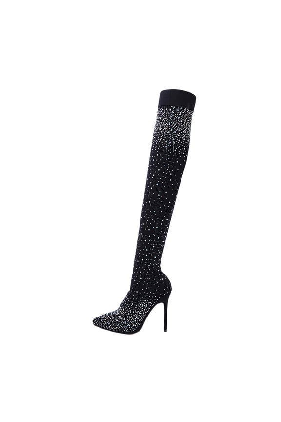 Black Rhinestone Over the Knee High Heel Boots for Women's Comfortable and Breathable Cloth Size 36 EU36.5 US7 UK3.5