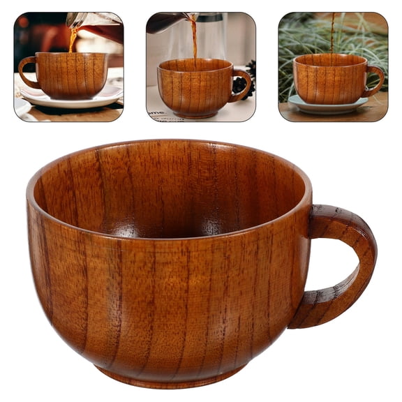 Minkissy Dark Brown Wooden Coffee Mug with Handle, Beverage Cup for Home and Office, 1 Piece
