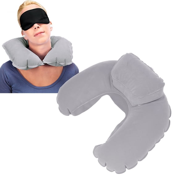 Minkissy Comfortable Grey Inflatable Travel Pillow for Neck Support and Rest on Airplanes and Outdoors, PVC Flocking, UShape Design