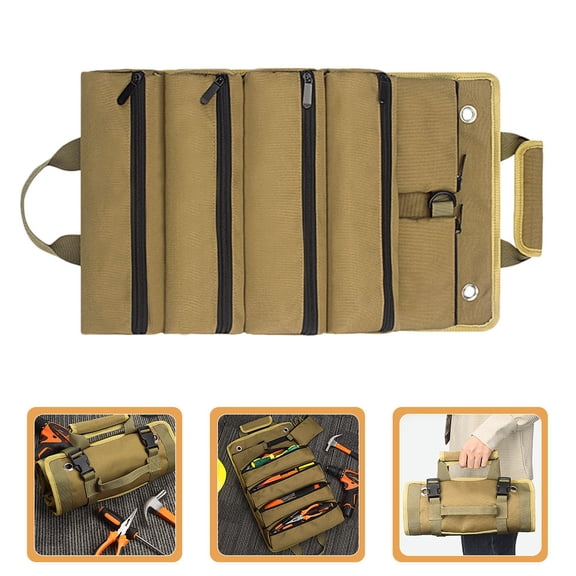 Minkissy Khaki Oxford Cloth Tool Roll Organizer with Multiple Pockets for Efficient Tool Storage and Easy Transport
