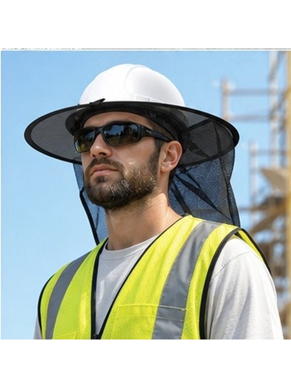 Full Brim Sun Shade for Hard Hats, Black Mesh Neck Protector for Outdoor Work