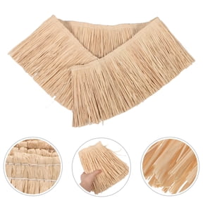 Minkissy Beige Handwoven Raffia Fringe Trim, Natural Straw Grass Border for Tropical Luau Beach Tiki Party Decor Crafts