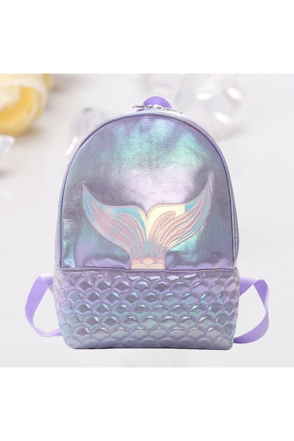 Purple PU Backpack with Holographic Mermaid Design Durable Anti Theft Student Travel Shoulder Bag
