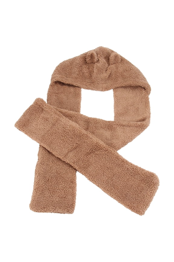 Warm Plush Coffee Scarf with Bear Ear Flap Thickened Winter Hoodie Scarf