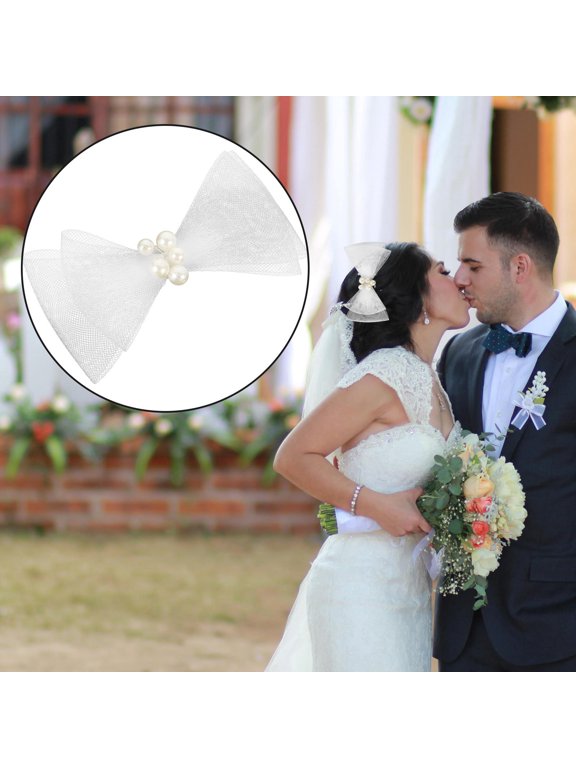 Fashion White Hair Bow Clip with Pearls Decorative Hairpin for Special Occasions